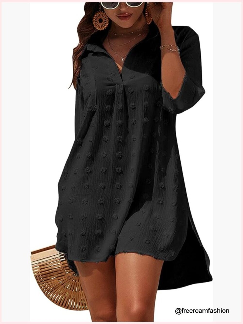 Chiffon Swim Cover Up with Swiss Dot 3/4 Sleeve Beach Dress